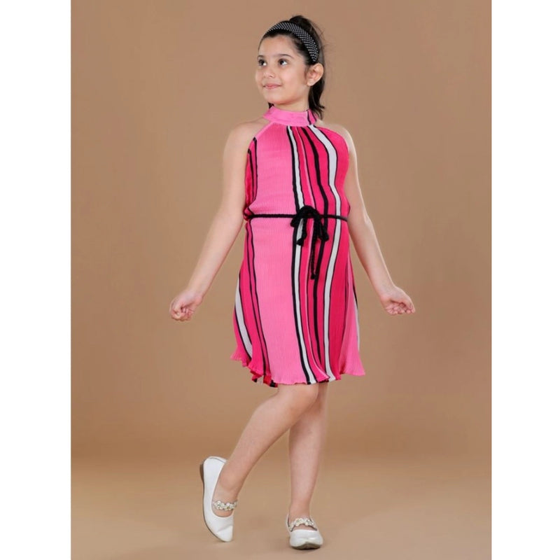 Mayawye Girl's Polyester Crepe Printed Sleeveless Round Neck Dress (Pink)