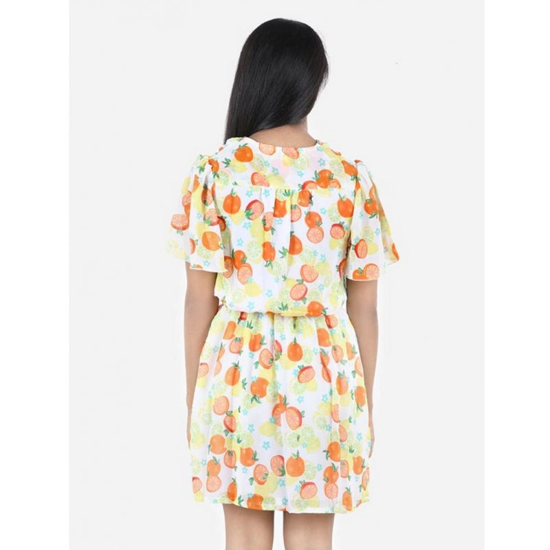 Mayawye Girl's Polyester Printed Short Sleeve V-Neck Dress (Yellow-Orange)