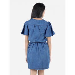 Mayawye Girl's Denim Solid Short Sleeve V-Neck Dress (Blue)