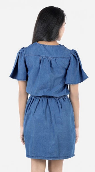 Mayawye Girl's Denim Solid Short Sleeve V-Neck Dress (Blue)