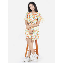 Mayawye Girl's Polyester Printed Short Sleeve V-Neck Dress (Yellow-Orange)