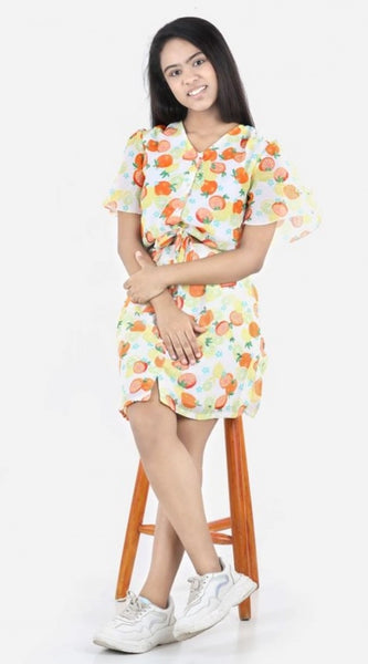 Mayawye Girl's Polyester Printed Short Sleeve V-Neck Dress (Yellow-Orange)