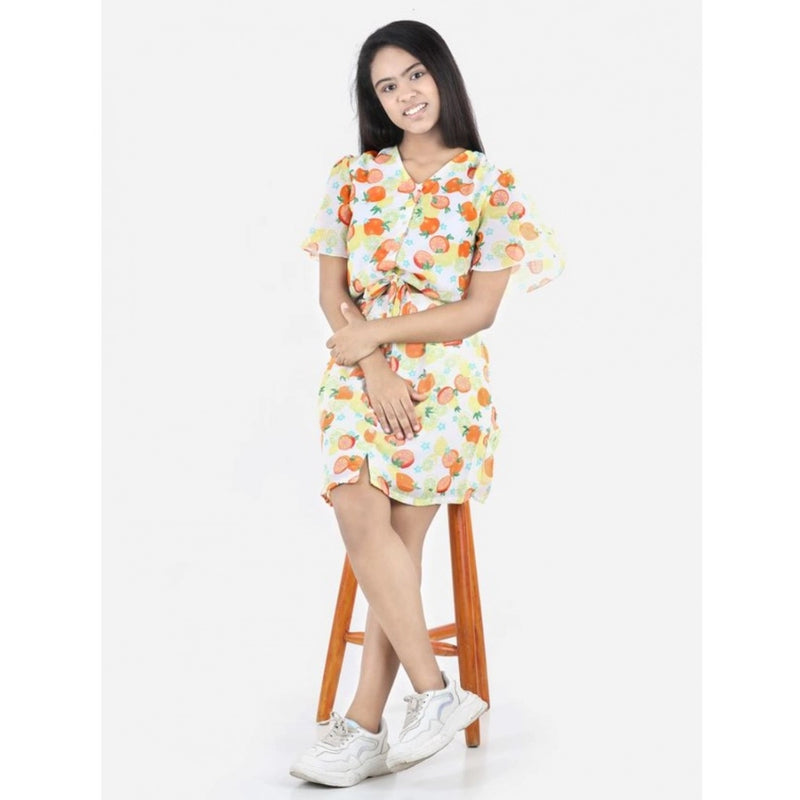 Mayawye Girl's Polyester Printed Short Sleeve V-Neck Dress (Yellow-Orange)