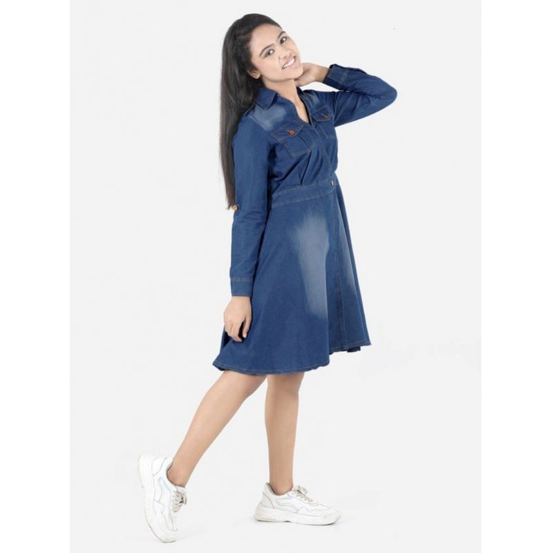 Mayawye Girl's Denim Solid Long Sleeve Shirt collar Dress (Blue)
