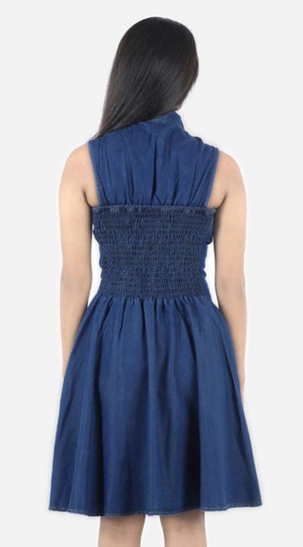 Mayawye Girl's Denim Solid Sleeveless Shirt collar Dress (Blue)