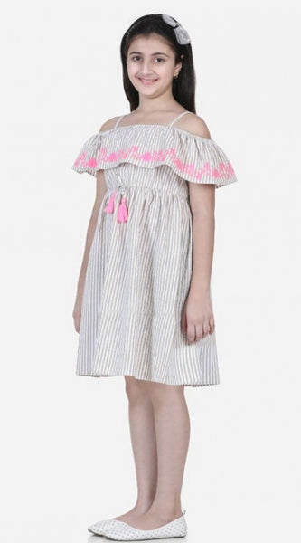 Mayawye Girl's Cotton Printed Sleeveless Shoulder Straps Dress (Beige-Pink)