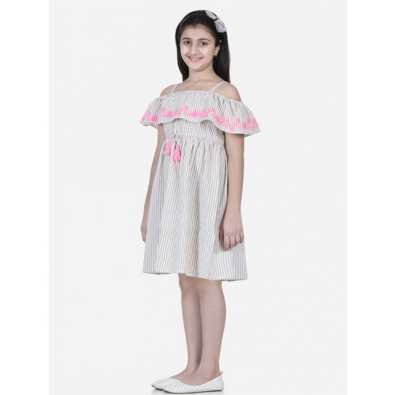 Mayawye Girl's Cotton Printed Sleeveless Shoulder Straps Dress (Beige-Pink)