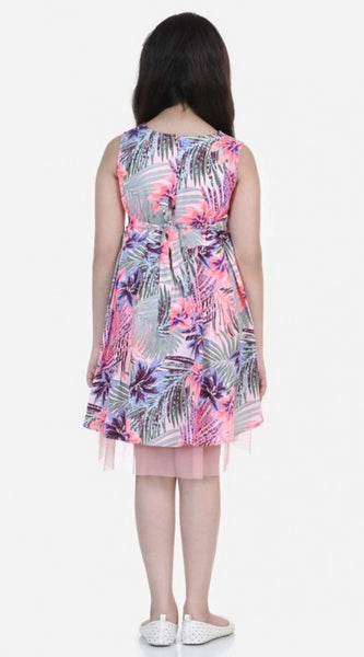 Mayawye Girl's Polyester Crepe  Net Printed Sleeveless Round Neck Dress (Pink-Blue)