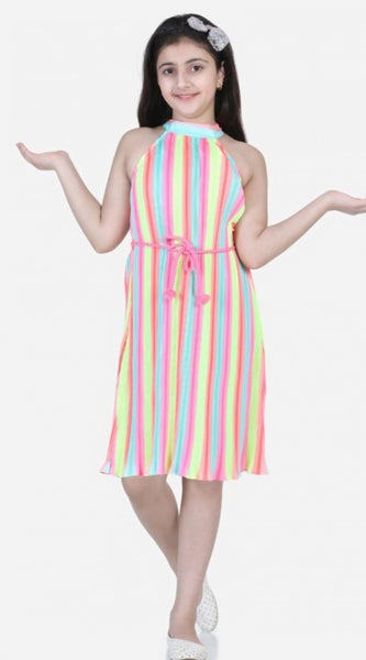 Mayawye Girl's Polyester Crepe Striped Sleeveless Round Neck Dress (Multicolor)