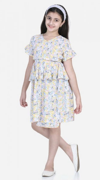 Mayawye Girl's Rayon Floral Printed Short Sleeve V-Neck Dress (Multicolor)