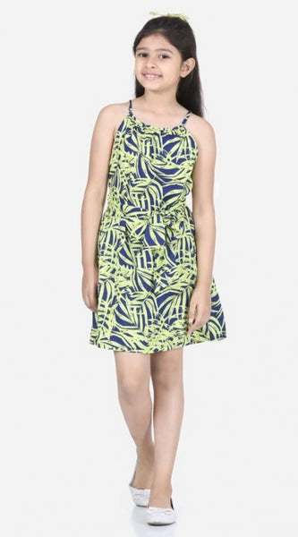 Mayawye Girl's Polyester Floral Printed Short Sleeve Round Neck Dress (Blue-Yellow)