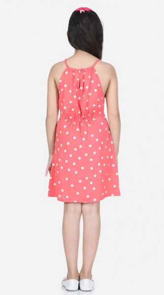 Mayawye Girl's Polyester Printed Short Sleeve Round Neck Dress (Orange)