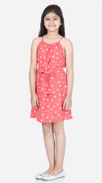 Mayawye Girl's Polyester Printed Short Sleeve Round Neck Dress (Orange)