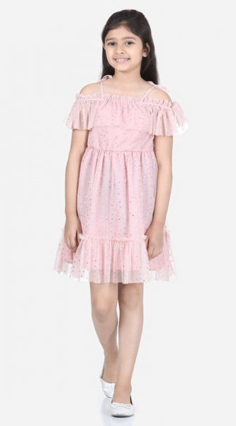 Mayawye Girl's Polyester Net Embellished Short Sleeve Shoulder Straps Dress (Pink)