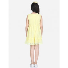 Mayawye Girl's Polyester Dobby Floral Printed Sleeveless Round Neck Dress (Yellow)