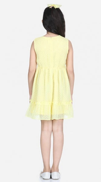 Mayawye Girl's Polyester Dobby Floral Printed Sleeveless Round Neck Dress (Yellow)