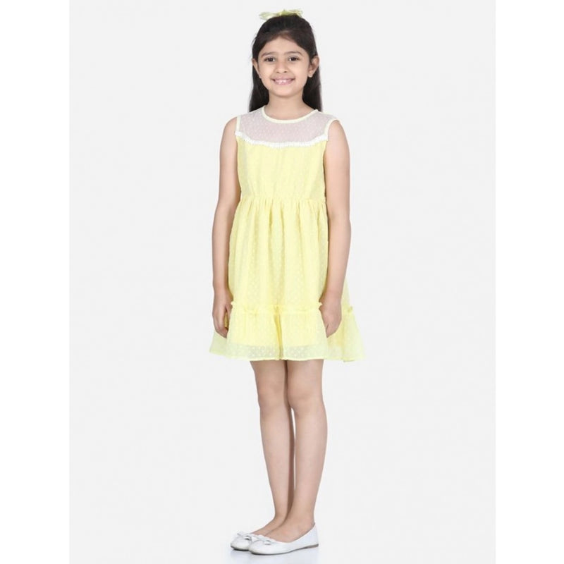 Mayawye Girl's Polyester Dobby Floral Printed Sleeveless Round Neck Dress (Yellow)