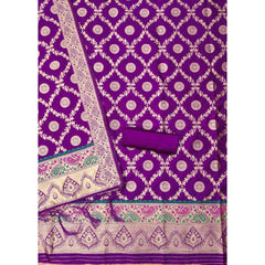 Mayawye Women's Banarasi Silk Printed Unstitched Salwar Suit Material With Dupatta (Purple, 3Mtrs)
