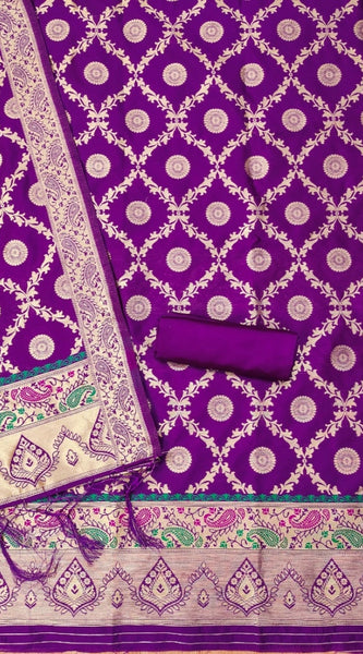Mayawye Women's Banarasi Silk Printed Unstitched Salwar Suit Material With Dupatta (Purple, 3Mtrs)