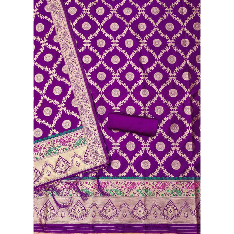 Mayawye Women's Banarasi Silk Printed Unstitched Salwar Suit Material With Dupatta (Purple, 3Mtrs)