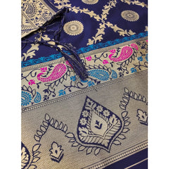 Mayawye Women's Banarasi Silk Printed Unstitched Salwar Suit Material With Dupatta (Navy Blue, 3Mtrs)