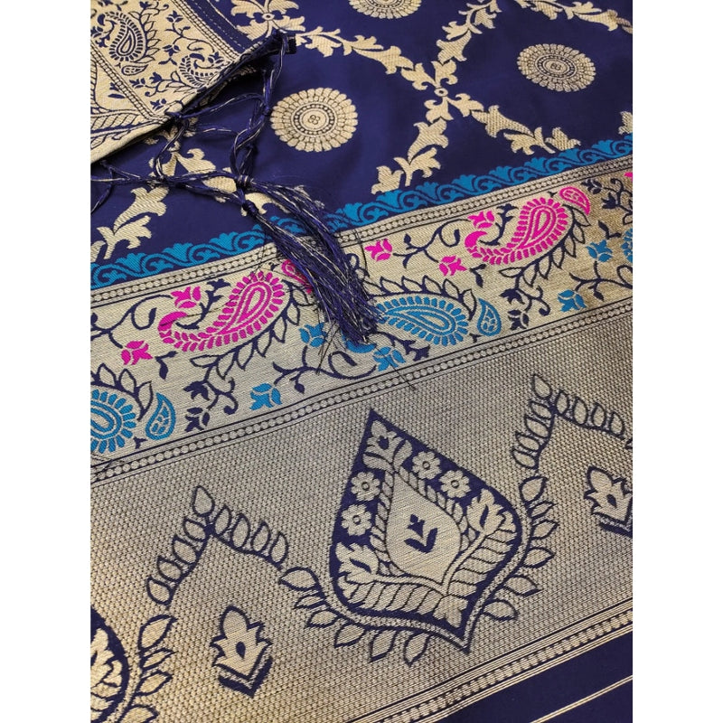 Mayawye Women's Banarasi Silk Printed Unstitched Salwar Suit Material With Dupatta (Navy Blue, 3Mtrs)