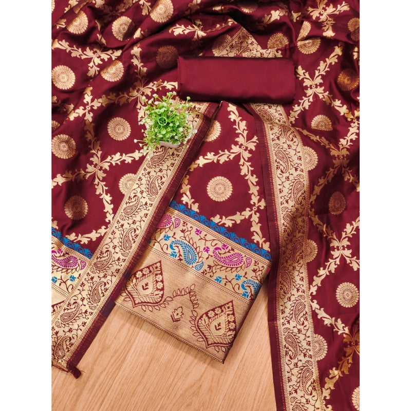 Mayawye Women's Banarasi Silk Printed Unstitched Salwar Suit Material With Dupatta (Maroon, 3Mtrs)