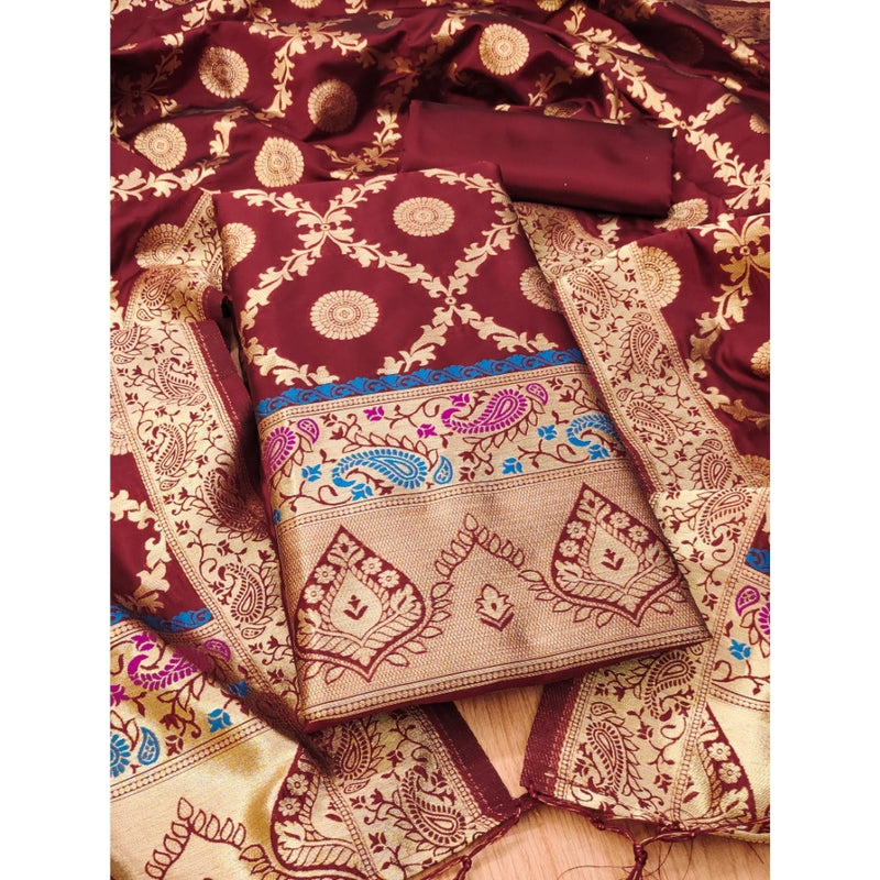 Mayawye Women's Banarasi Silk Printed Unstitched Salwar Suit Material With Dupatta (Maroon, 3Mtrs)