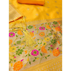 Mayawye Women's Banarasi Silk Printed Unstitched Salwar Suit Material With Dupatta (Yellow, 3Mtrs)