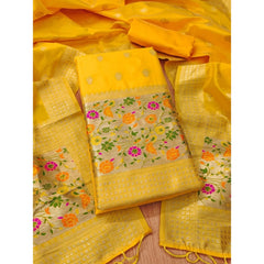 Mayawye Women's Banarasi Silk Printed Unstitched Salwar Suit Material With Dupatta (Yellow, 3Mtrs)