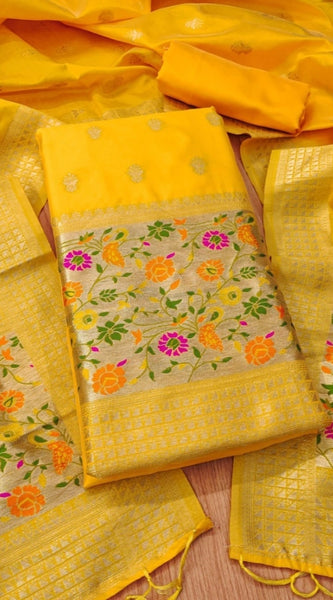 Mayawye Women's Banarasi Silk Printed Unstitched Salwar Suit Material With Dupatta (Yellow, 3Mtrs)