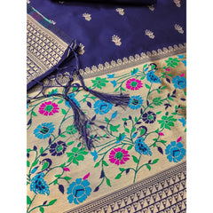 Mayawye Women's Banarasi Silk Printed Unstitched Salwar Suit Material With Dupatta (Navy Blue, 3Mtrs)