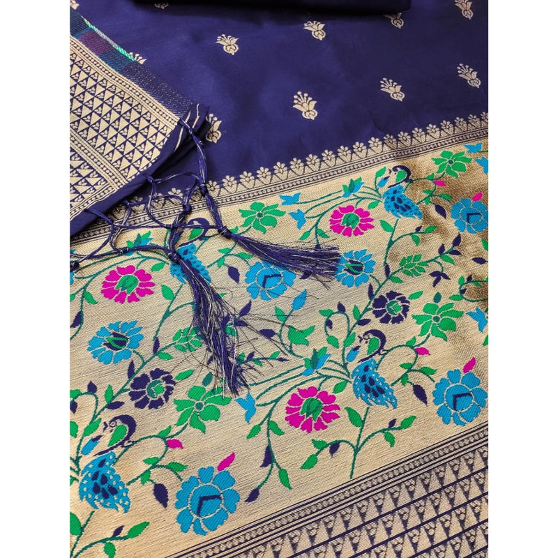 Mayawye Women's Banarasi Silk Printed Unstitched Salwar Suit Material With Dupatta (Navy Blue, 3Mtrs)