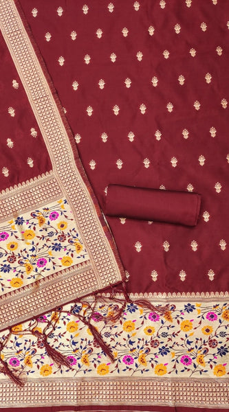 Mayawye Women's Banarasi Silk Printed Unstitched Salwar Suit Material With Dupatta (Maroon, 3Mtrs)