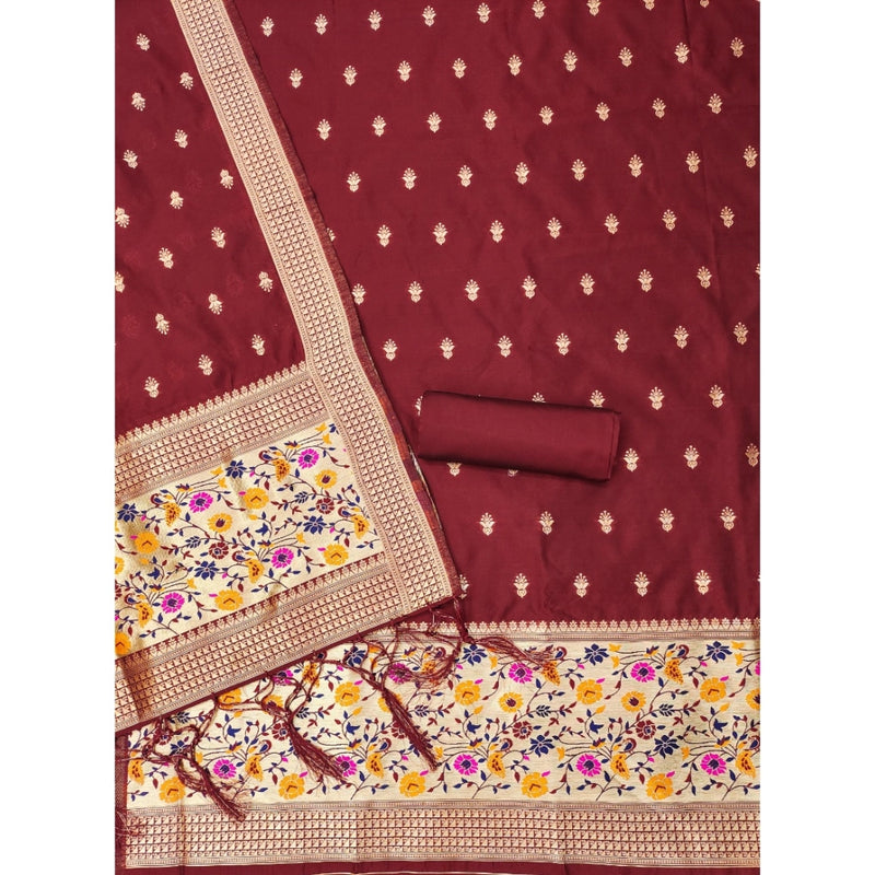 Mayawye Women's Banarasi Silk Printed Unstitched Salwar Suit Material With Dupatta (Maroon, 3Mtrs)