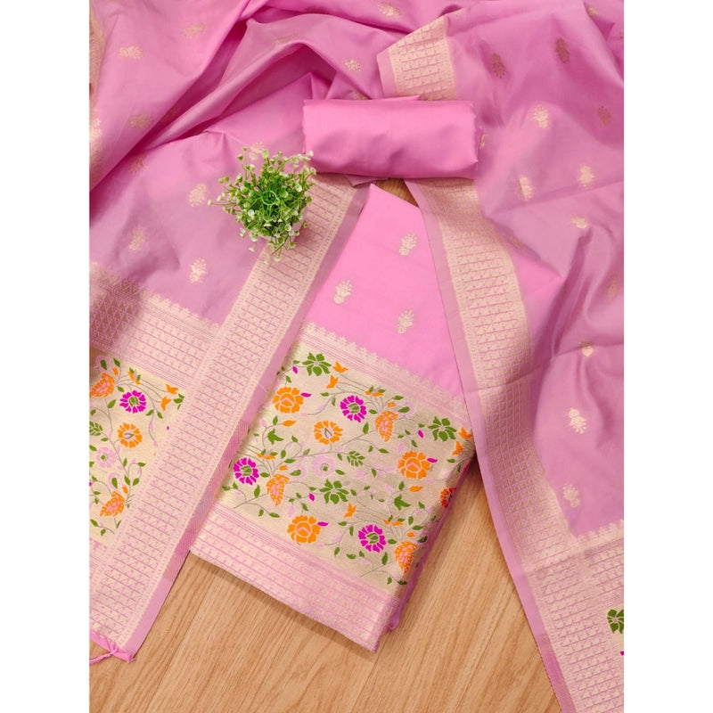 Mayawye Women's Banarasi Silk Printed Unstitched Salwar Suit Material With Dupatta (Light Pink, 3Mtrs)