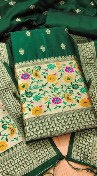 Mayawye Women's Banarasi Silk Printed Unstitched Salwar Suit Material With Dupatta (Bottle Green, 3Mtrs)