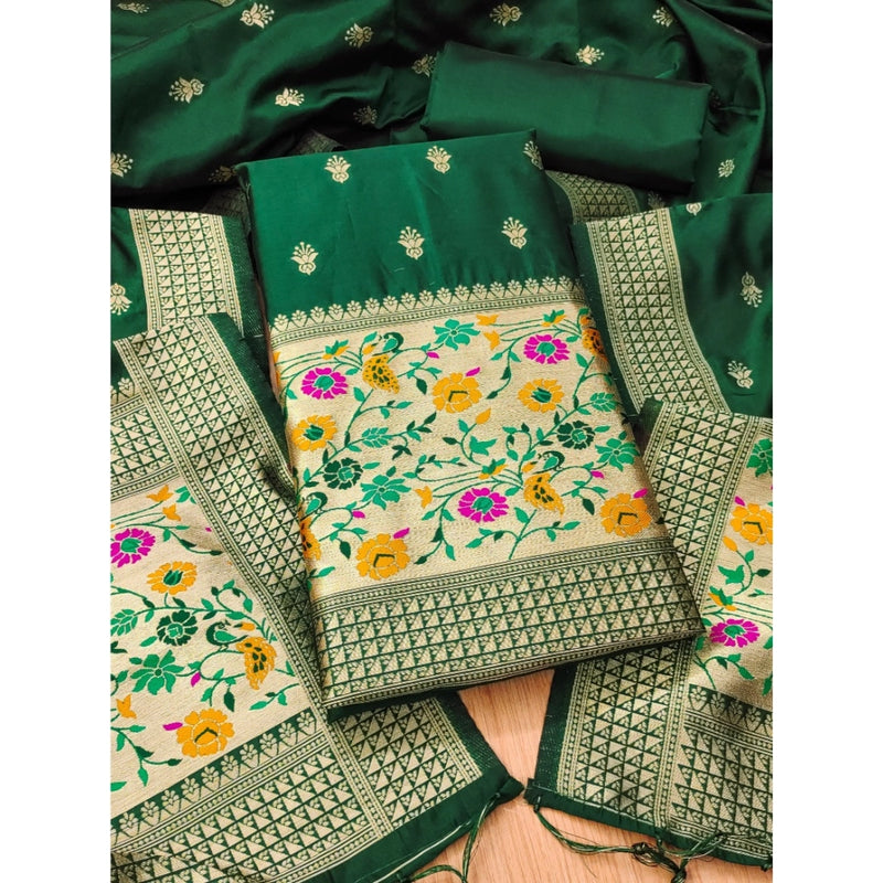 Mayawye Women's Banarasi Silk Printed Unstitched Salwar Suit Material With Dupatta (Bottle Green, 3Mtrs)