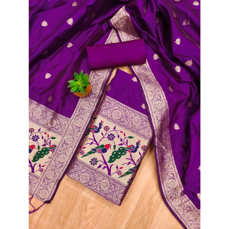 Mayawye Women's Banarasi Silk Printed Unstitched Salwar Suit Material With Dupatta (Purple, 3Mtrs)