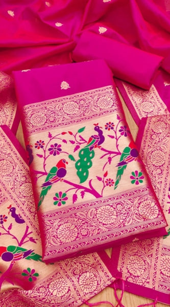 Mayawye Women's Banarasi Silk Printed Unstitched Salwar Suit Material With Dupatta (Pink, 3Mtrs)