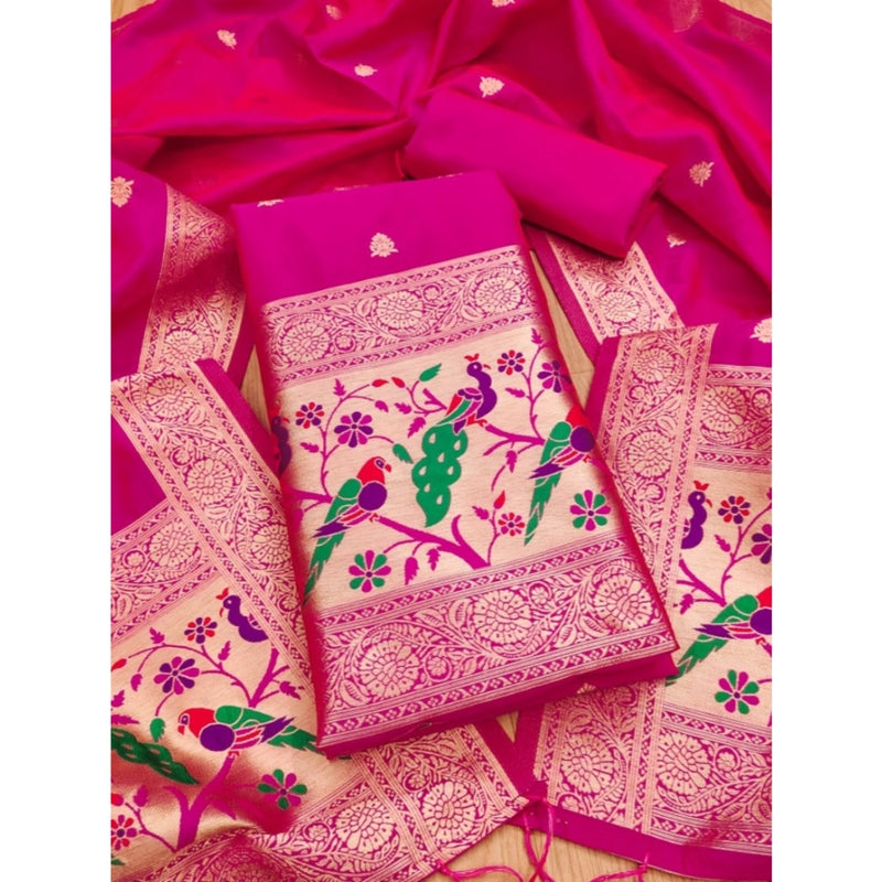 Mayawye Women's Banarasi Silk Printed Unstitched Salwar Suit Material With Dupatta (Pink, 3Mtrs)