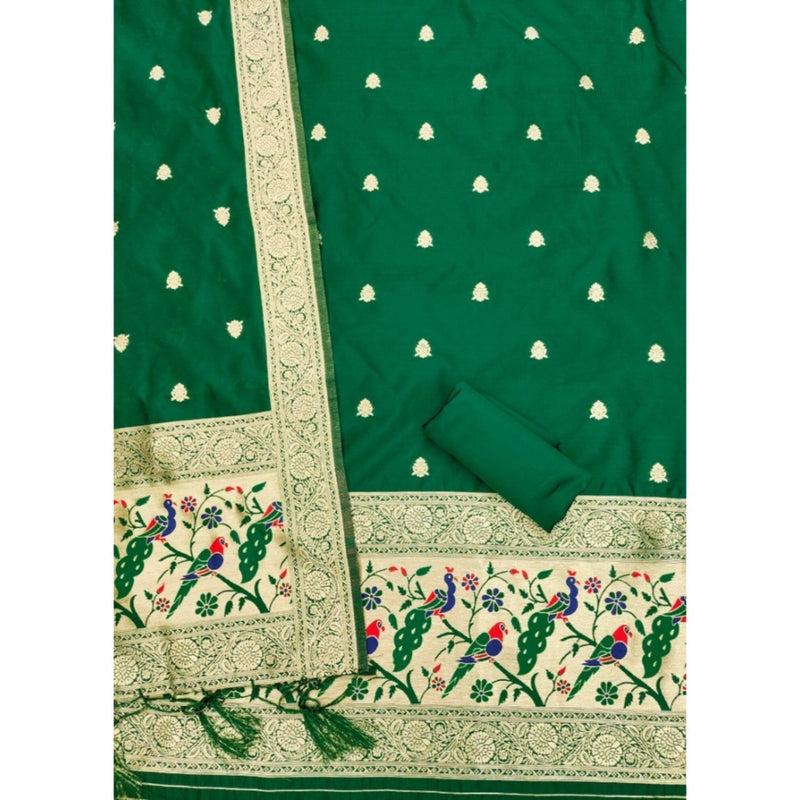 Mayawye Women's Banarasi Silk Printed Unstitched Salwar Suit Material With Dupatta (Bottle Green, 3Mtrs)