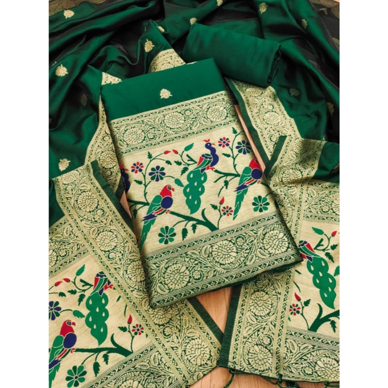 Mayawye Women's Banarasi Silk Printed Unstitched Salwar Suit Material With Dupatta (Bottle Green, 3Mtrs)