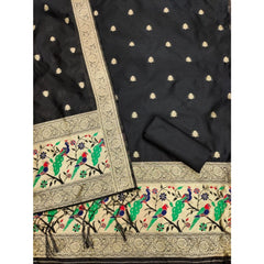 Mayawye Women's Banarasi Silk Printed Unstitched Salwar Suit Material With Dupatta (Black, 3Mtrs)