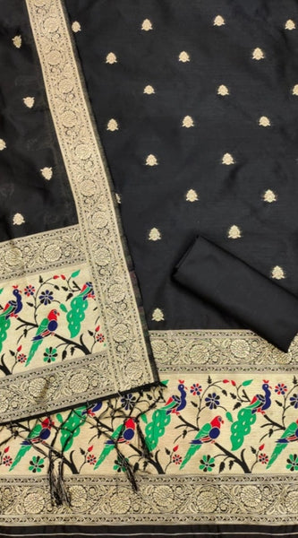 Mayawye Women's Banarasi Silk Printed Unstitched Salwar Suit Material With Dupatta (Black, 3Mtrs)