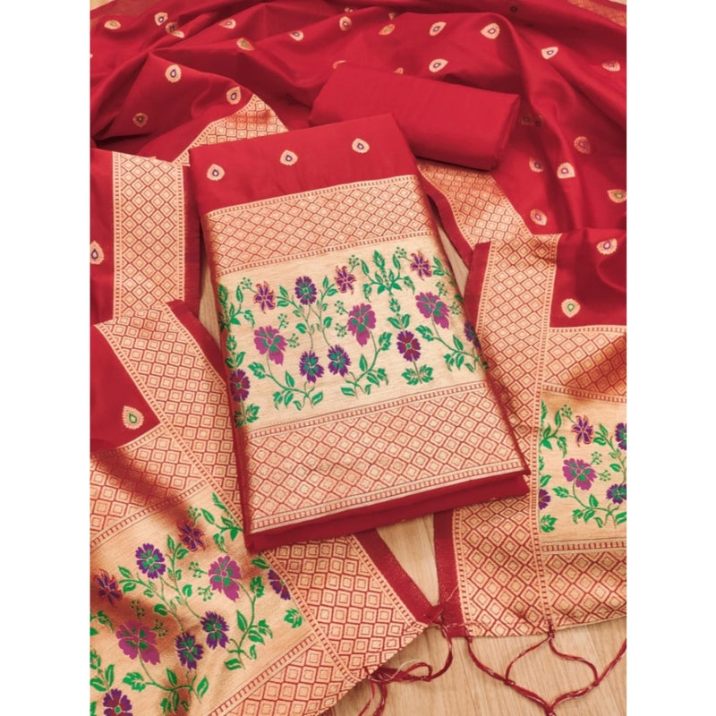 Mayawye Women's Banarasi Silk Printed Unstitched Salwar Suit Material With Dupatta (Red, 3Mtrs)