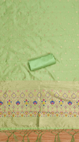 Mayawye Women's Banarasi Silk Printed Unstitched Salwar Suit Material With Dupatta (Pista, 3Mtrs)