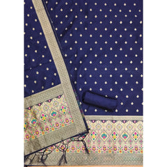 Mayawye Women's Banarasi Silk Printed Unstitched Salwar Suit Material With Dupatta (Navy Blue, 3Mtrs)