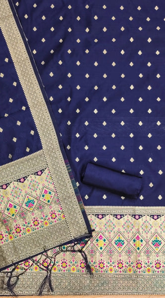 Mayawye Women's Banarasi Silk Printed Unstitched Salwar Suit Material With Dupatta (Navy Blue, 3Mtrs)