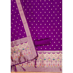 Mayawye Women's Banarasi Silk Printed Unstitched Salwar Suit Material With Dupatta (Purple, 3Mtrs)